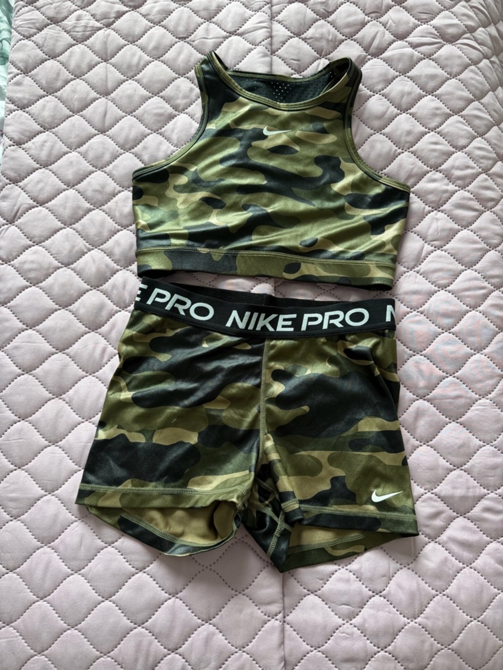 Nike Green Camo Sports Bra and Pro Shorts Set